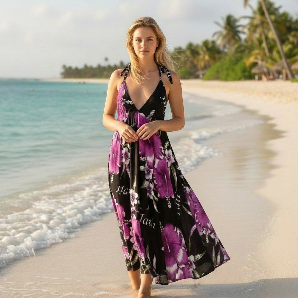 Aloha Fashion Hawaiian Floral Dress One Size Black Purple V-Neck Beach Vacation
